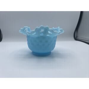 Fenton Blue Satin Basket Weave Bowl Vase Candy Dish Reticulated 1970’s Vintage